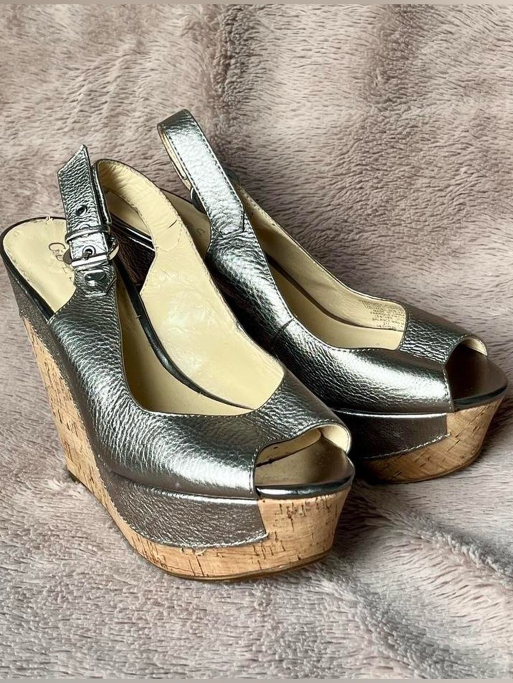 Size 7.5 Y2K Silver Cork Wedge Heels
